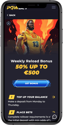 Mobile screenshot of the Powbet Weekly 50% Reload Bonus
