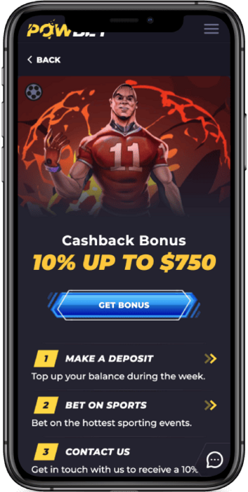 Mobile screenshot of the PowBet 10% Cashback Bonus