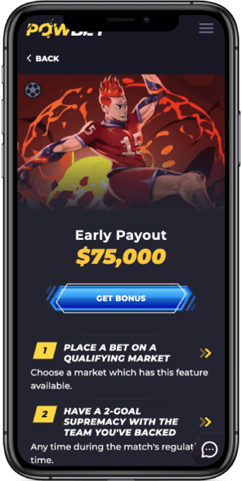 Mobile screenshot of the Powbet Early Payout bonus