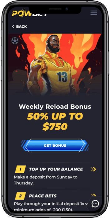 Mobile screenshot of the Powbet Weekly 50% Reload Bonus 