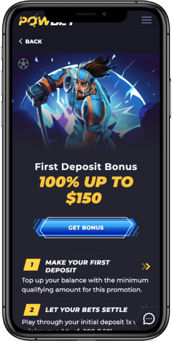 Mobile screenshot of the PowBet 100% First Deposit Bonus