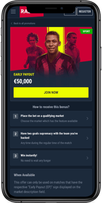Mobile screenshot of the Rabona Early Payout