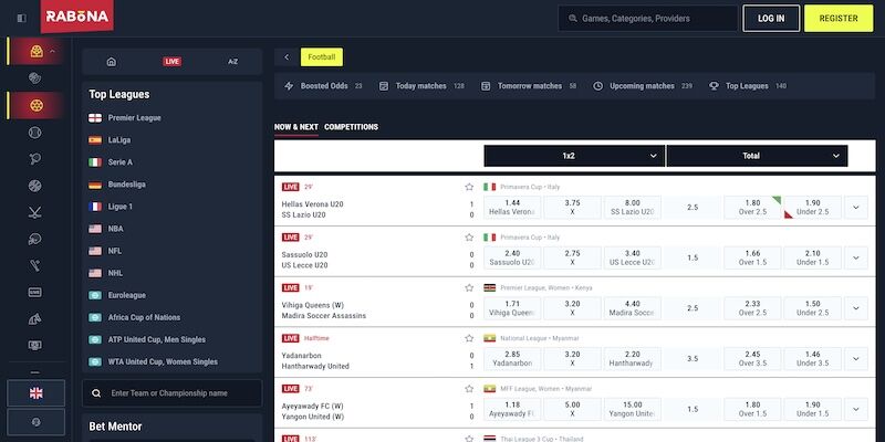 Screenshot of the Rabona sports page