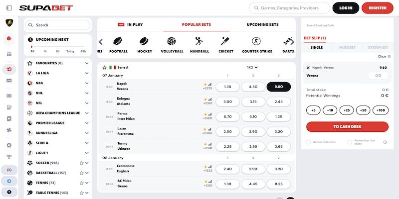 Screenshot of the Supabet sports page