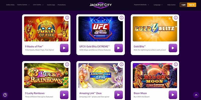 Screenshot of the Jackpotcitycasino casino page