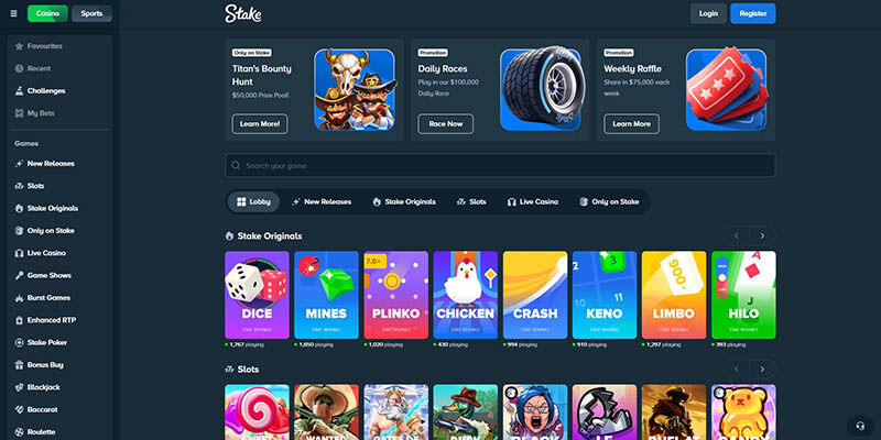 Screenshot of the Stake casino page