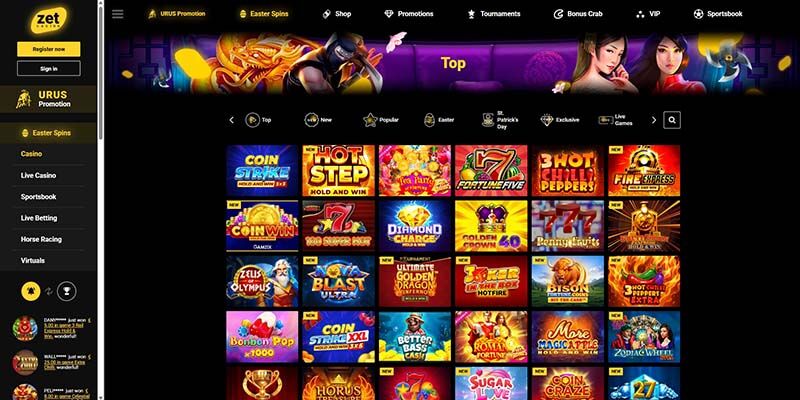 Screenshot of the Zetcasino casino page