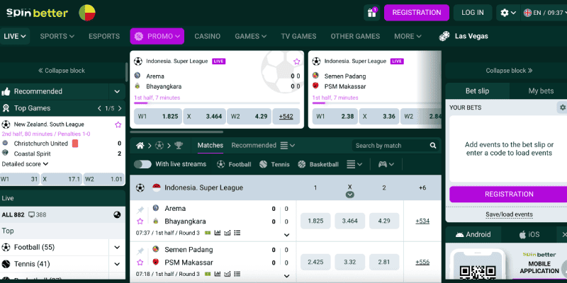 Screenshot of the sports page SpinBetter