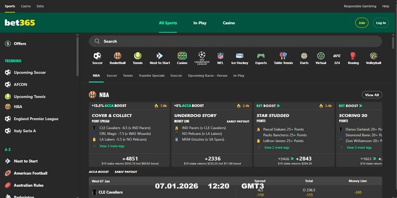 Screenshot of the bet365 sports page