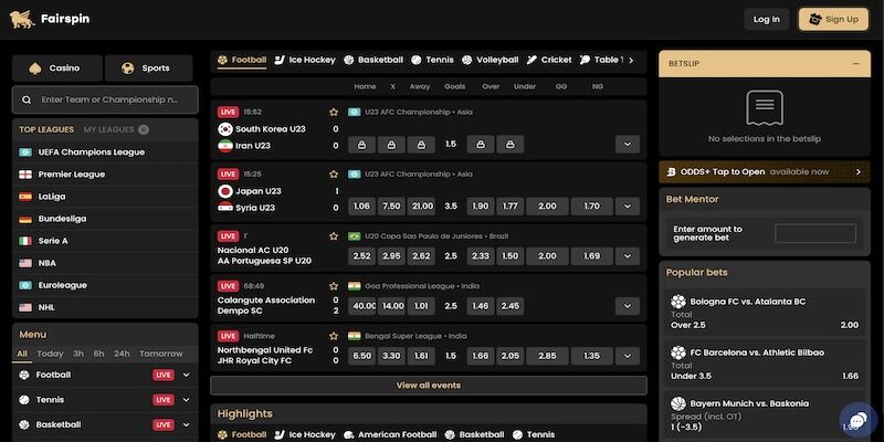 Screenshot of the Fairspin sports page