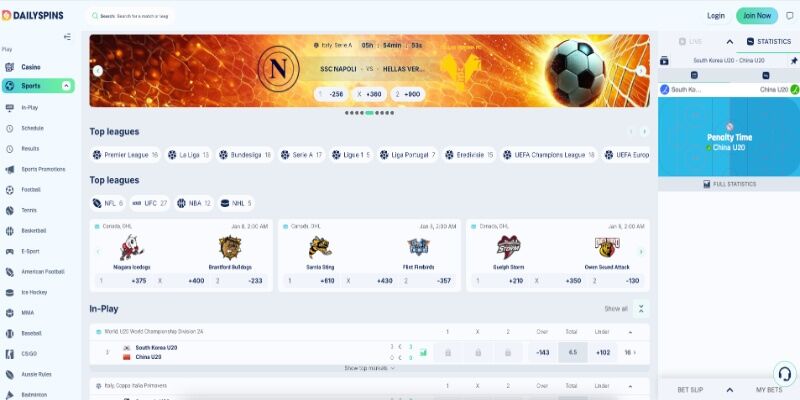 The screenshot of Dailyspins sports page