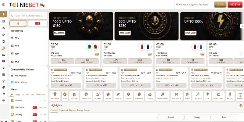 The screenshot of Tooniebet sports page
