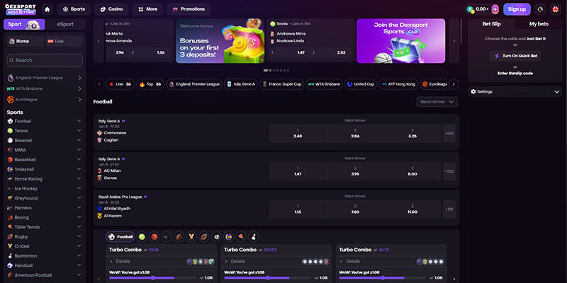 Screenshot of the Dexsport sport page