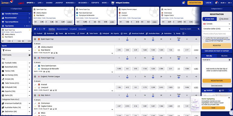 Screenshot of the Sapphirebet sport page