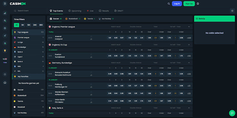 Screenshot of the CasinOK sport page