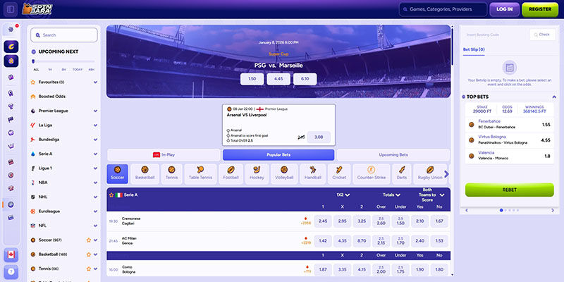Screenshot of the Spinbara sport page