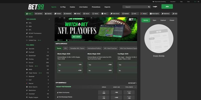 Screenshot of the sports page of the bookmaker Bet99