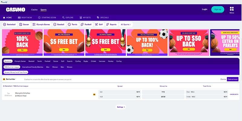 Screenshot of the sports page of the bookmaker Casumo