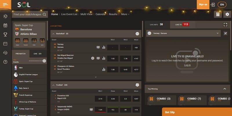 Screenshot of the bookmaker's sports page