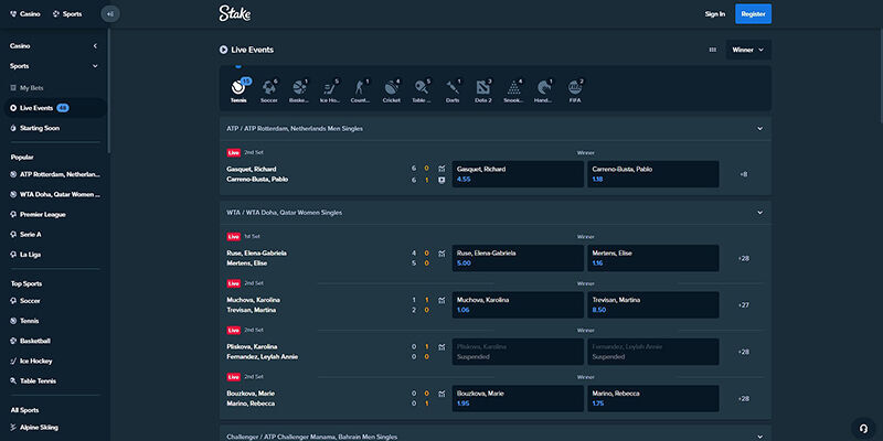 Screenshot of the Stace sport page