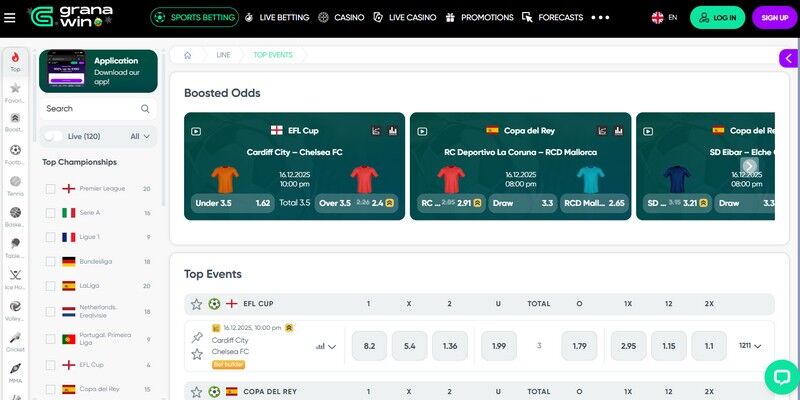 Screenshot of the bookmaker's sports page