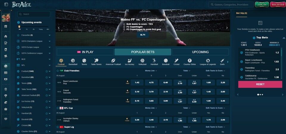 Main sports page of BetAlice