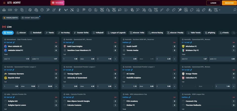 Main sports page of Letsjackpot