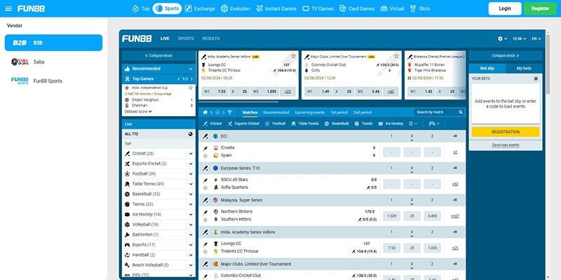 Screenshot of the fub88 sport page