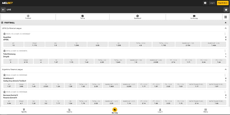 Sceenshot of the melbet sport page