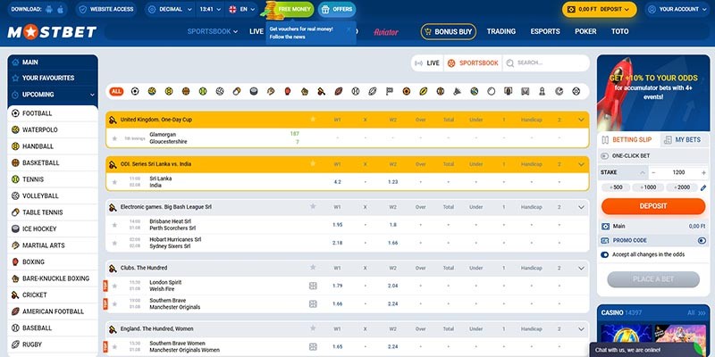 Screenshot of the mostbet sport page