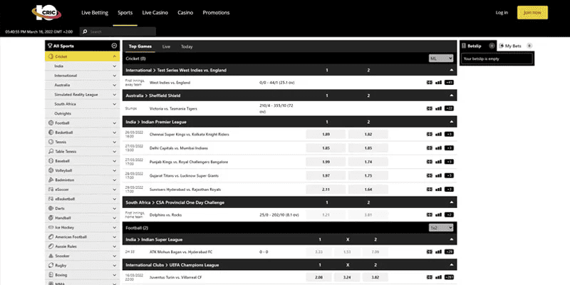Screenshot of the 10CRIC sport page