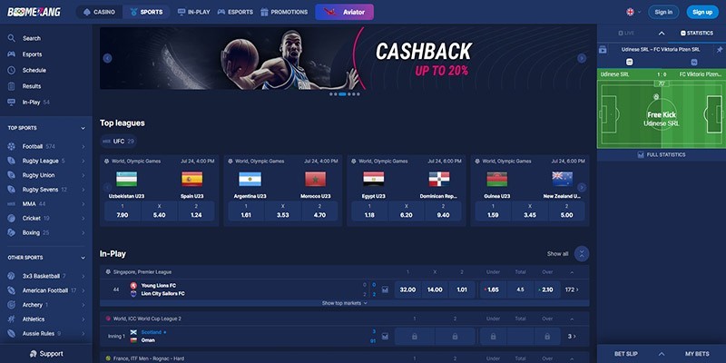 Screenshot of the boomerang bet sport page