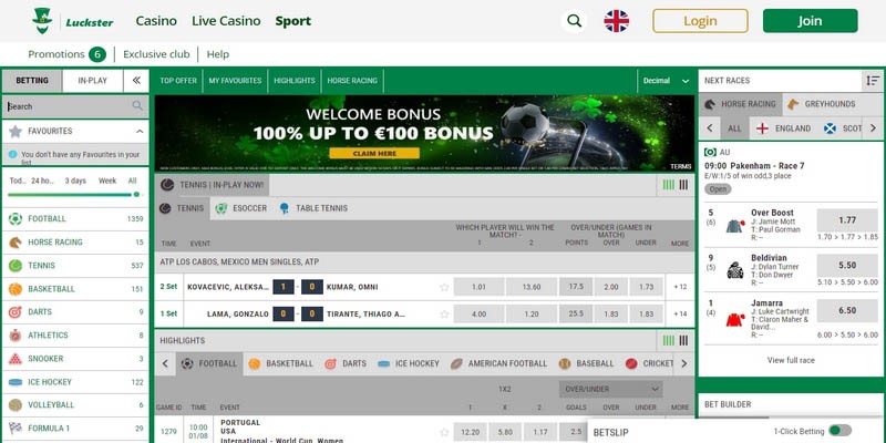 Screenshot of the luckster sport page