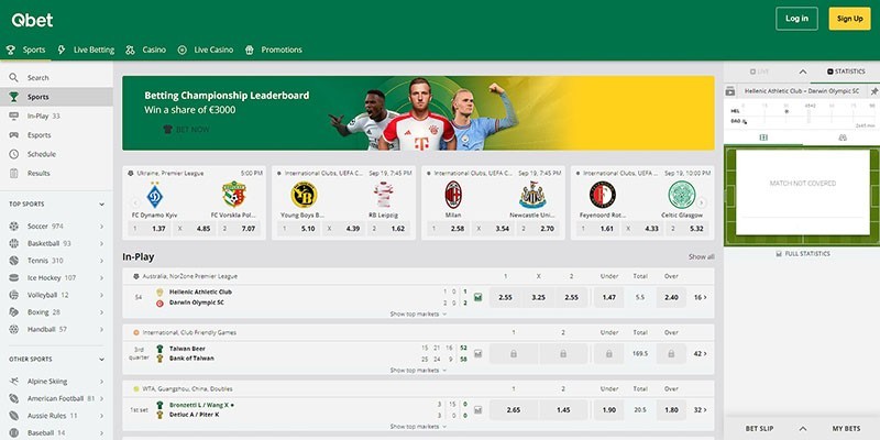 Screenshot of the qbet sport page
