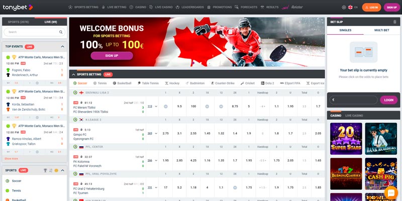 Screenshot of the tonybet sport page