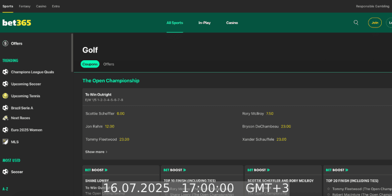 Screenshot of the bet365 sport page