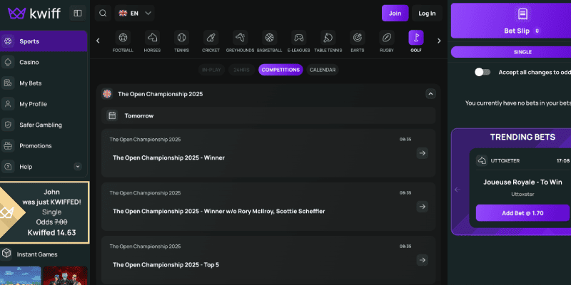 Screenshot of the Kwiff sport page