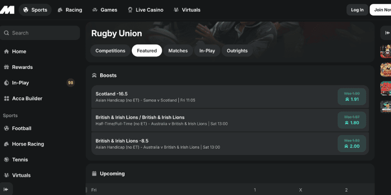 Screenshot of the MIDNITE sport page