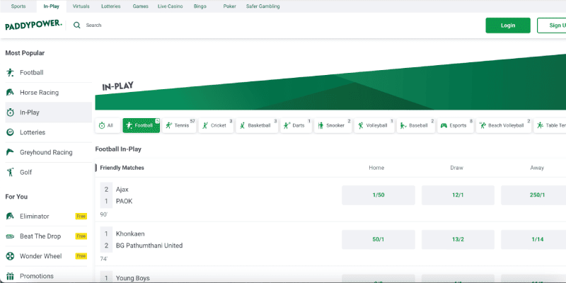 Screenshot of the PADDY POWER sport page