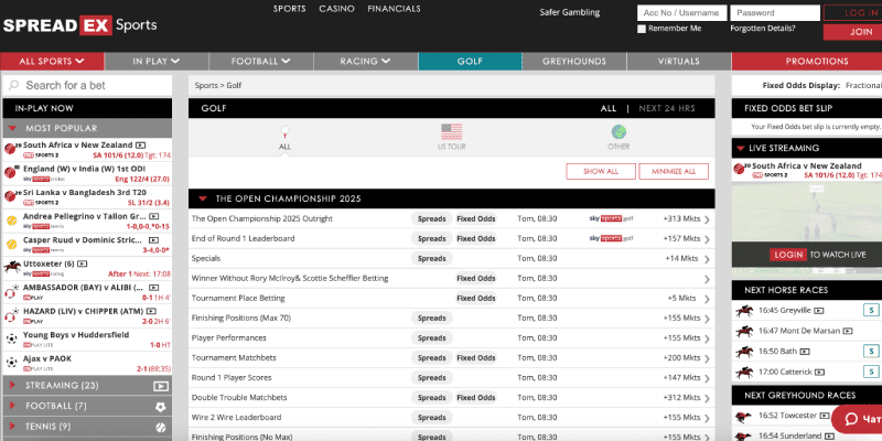 Screenshot of the SPREADEX sport page