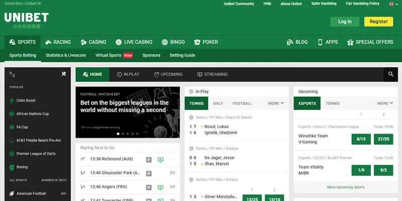 Screenshot of the UNIBET sport page