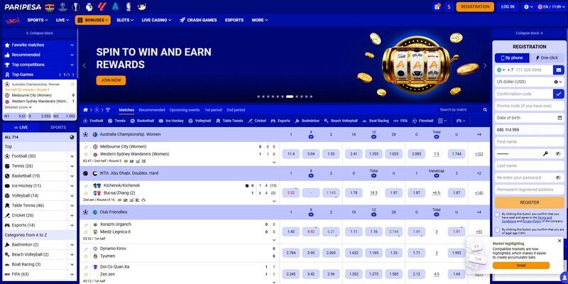 Screenshot of main page of Paripesa