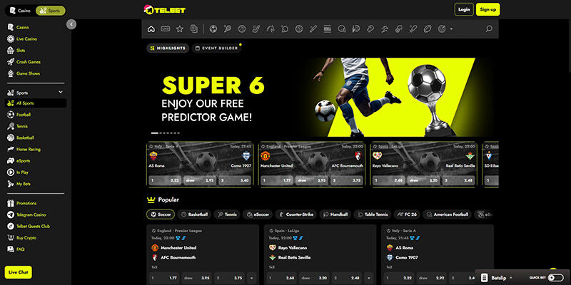 Screenshot of the Telbet sport page