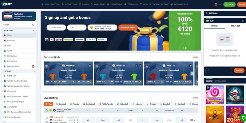 Screenshot of sports page at 20Bet
