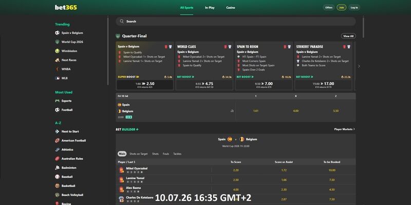 Screenshot of sports page at bet365