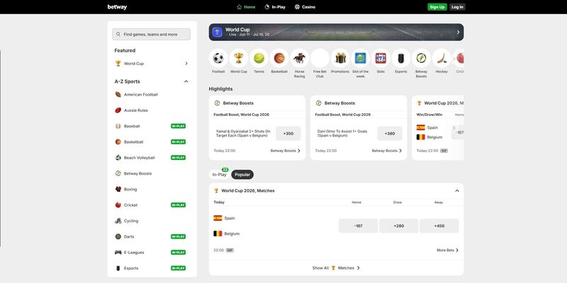 Screenshot of sports page at Betway