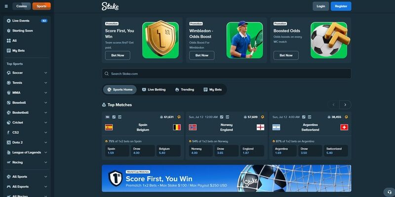 Screenshot of sports page at Stake