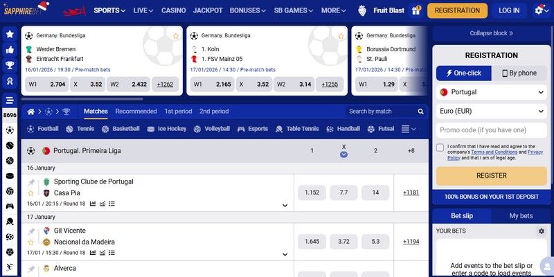 Screenshot of the bookmaker's sports page