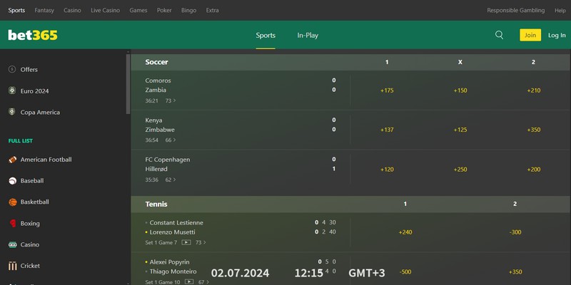 Sports page of Bet365