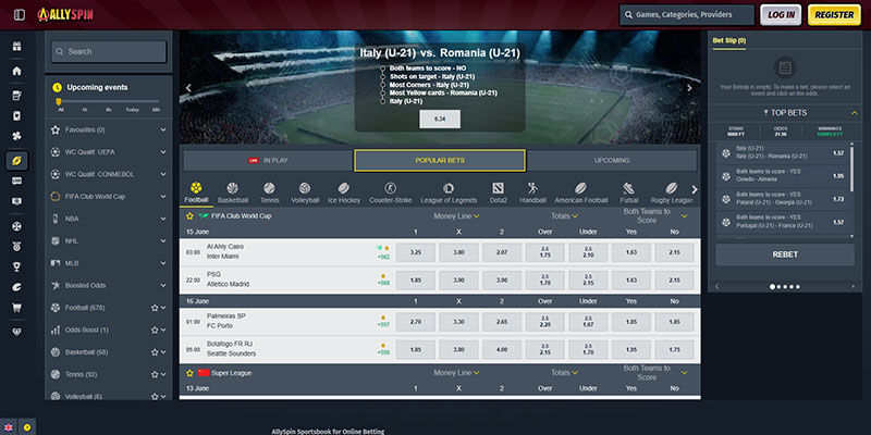 Screenshot of the Allyspin sport page